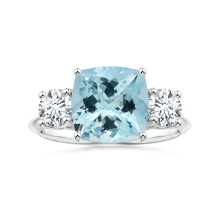 10.17x10.05x6.31mm AAA GIA Certified Three Stone Cushion Aquamarine Knife-Edge Ring with Diamonds in P950 Platinum