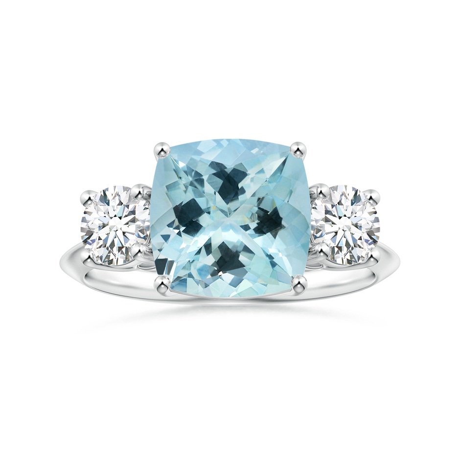 10.17x10.05x6.31mm AAA GIA Certified Three Stone Cushion Aquamarine Knife-Edge Ring with Diamonds in P950 Platinum 