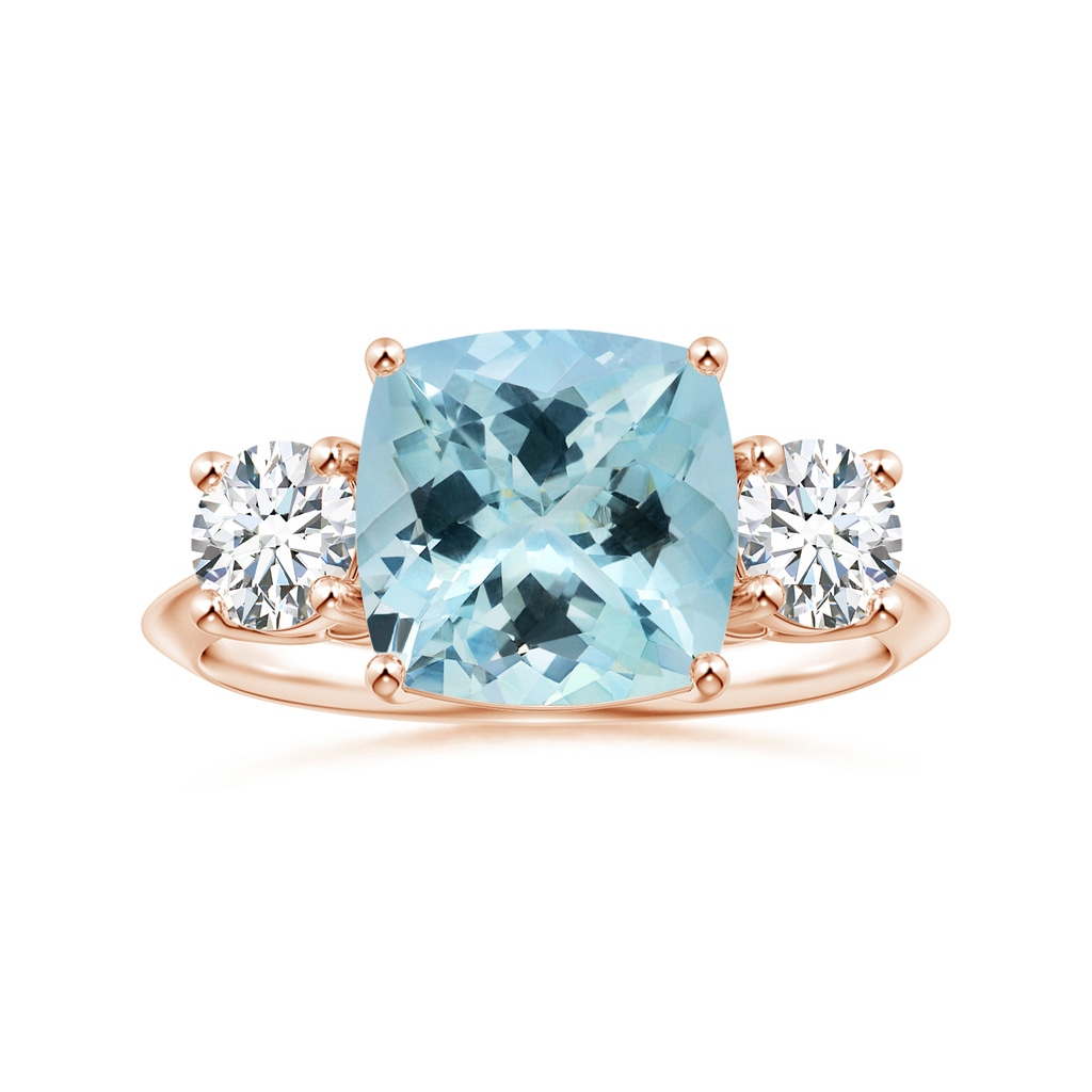 10.17x10.05x6.31mm AAA GIA Certified Three Stone Cushion Aquamarine Knife-Edge Ring with Diamonds in Rose Gold