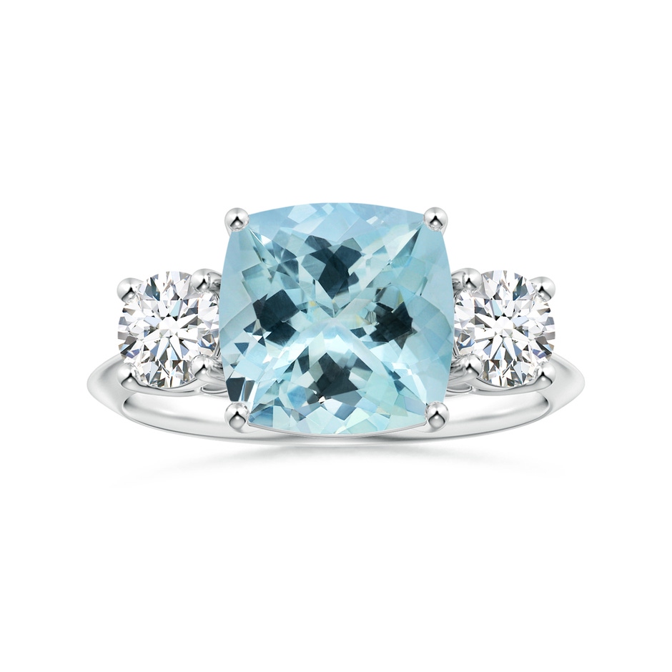 10.17x10.05x6.31mm AAA GIA Certified Three Stone Cushion Aquamarine Knife-Edge Ring with Diamonds in White Gold 