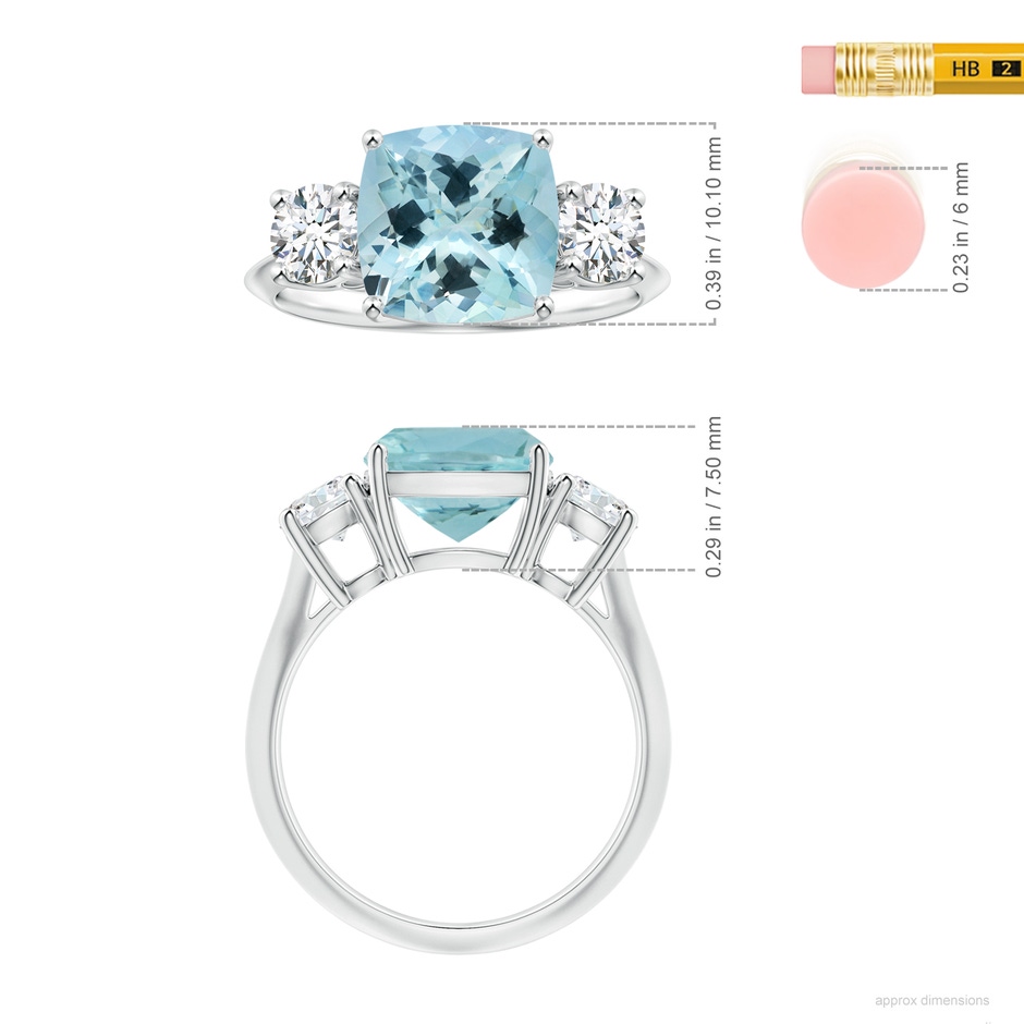 10.17x10.05x6.31mm AAA GIA Certified Three Stone Cushion Aquamarine Knife-Edge Ring with Diamonds in White Gold ruler