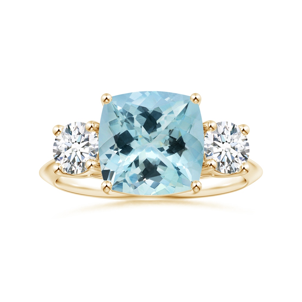 10.17x10.05x6.31mm AAA GIA Certified Three Stone Cushion Aquamarine Knife-Edge Ring with Diamonds in Yellow Gold