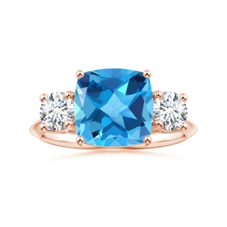 10.12x10.09x6.39mm AAA Three Stone Cushion Swiss Blue Topaz Knife Edge Shank Ring in 18K Rose Gold