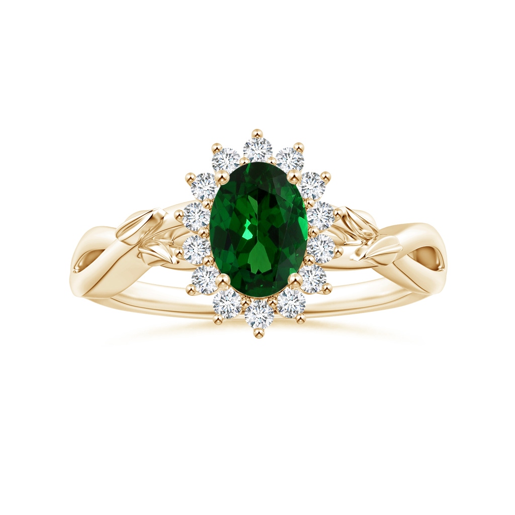 6.89x4.97x2.98mm AAA GIA Certified Princess Diana Inspired Oval Tsavorite Ring with Floral Halo in Yellow Gold