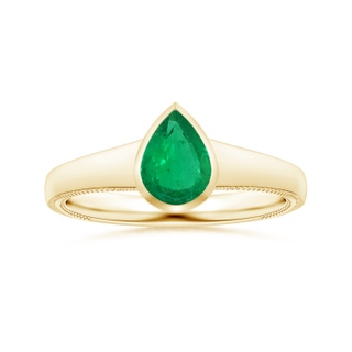 8.03x6.13x3.85mm AAA Bezel-Set Pear-Shaped Emerald Tapered Shank Ring with Leaf Motifs in 10K Yellow Gold