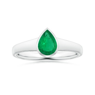 8.03x6.13x3.85mm AAA Bezel-Set Pear-Shaped Emerald Tapered Shank Ring with Leaf Motifs in 18K White Gold