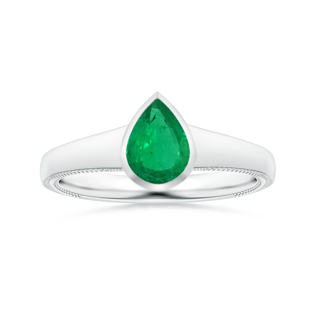 8.03x6.13x3.85mm AAA Bezel-Set Pear-Shaped Emerald Tapered Shank Ring with Leaf Motifs in P950 Platinum 