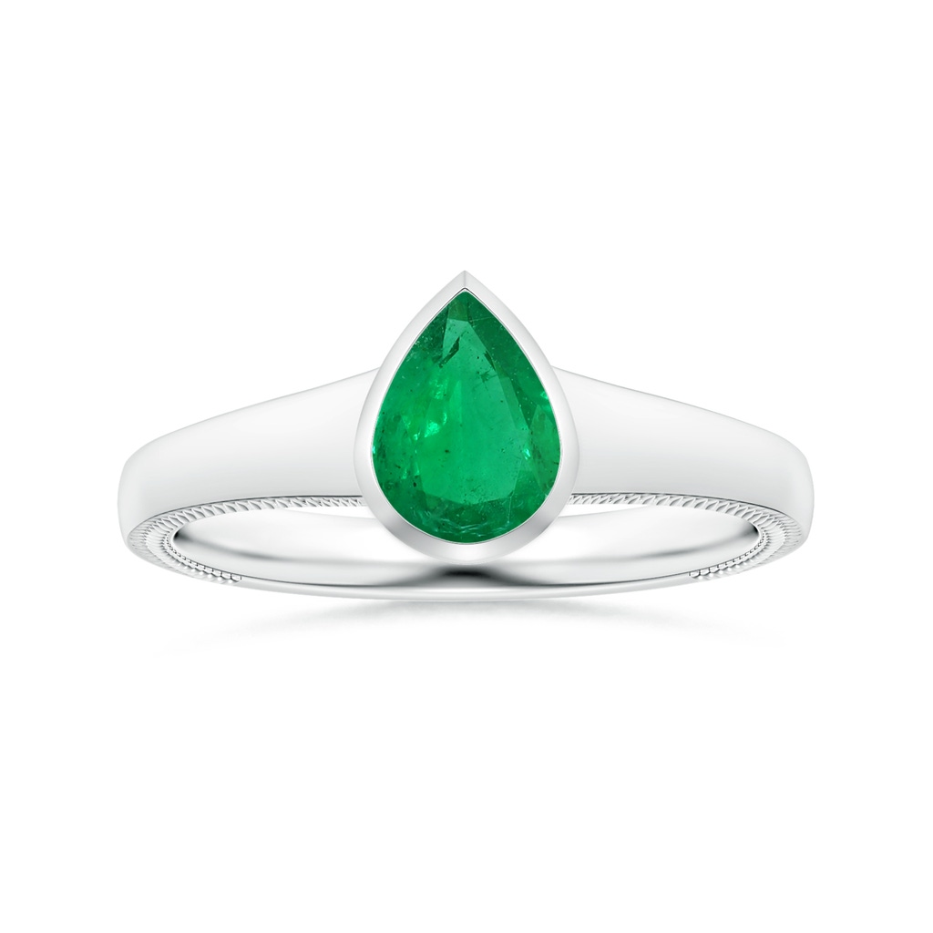 8.03x6.13x3.85mm AAA Bezel-Set Pear-Shaped Emerald Tapered Shank Ring with Leaf Motifs in White Gold 