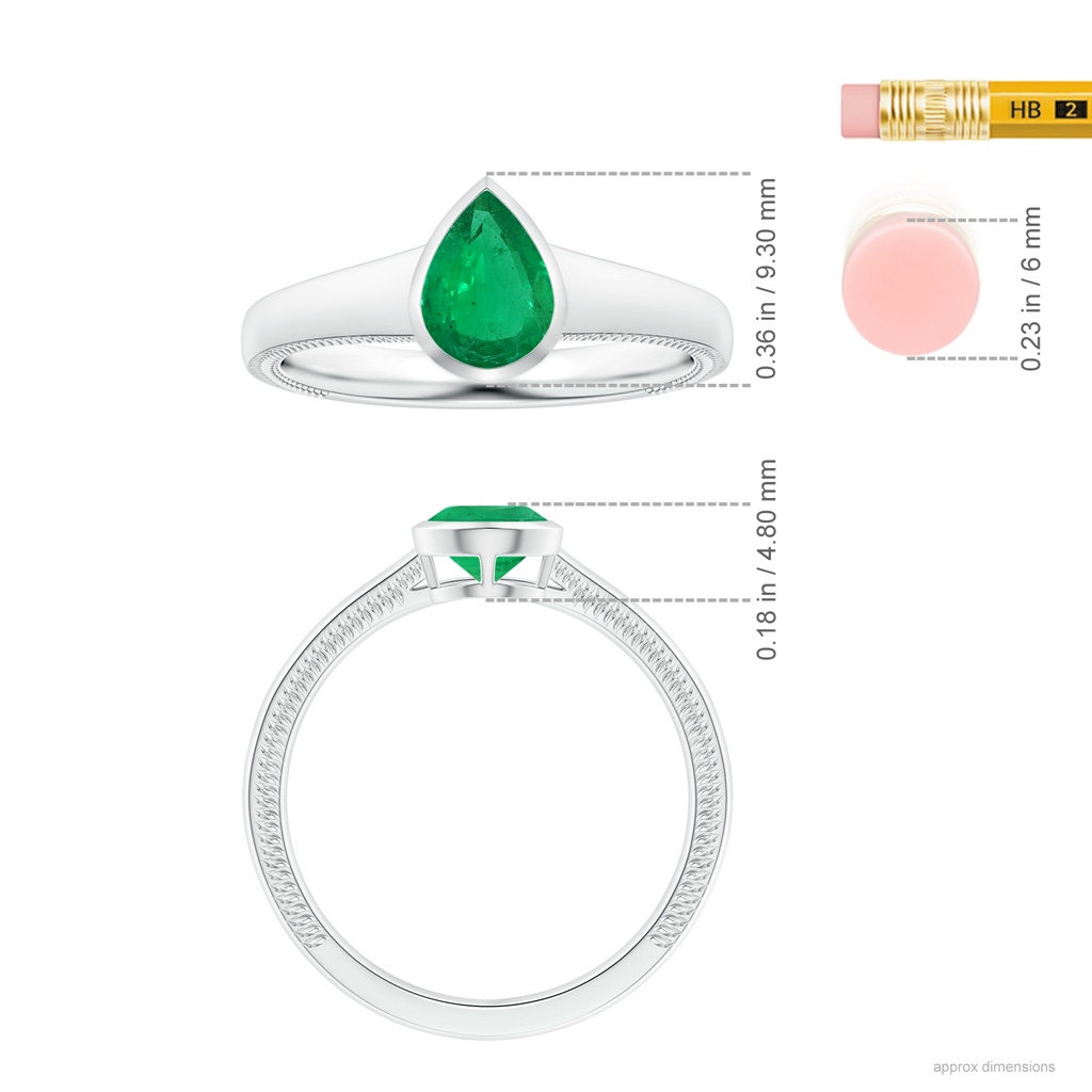 8.03x6.13x3.85mm AAA Bezel-Set Pear-Shaped Emerald Tapered Shank Ring with Leaf Motifs in White Gold ruler