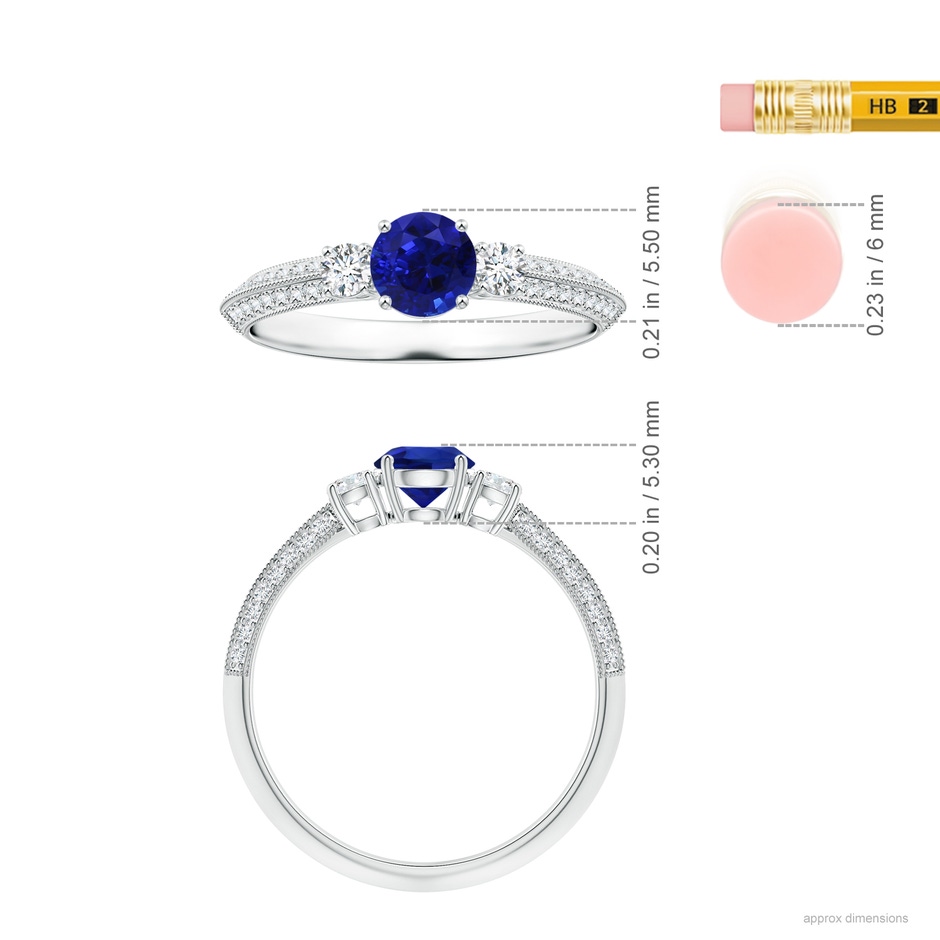 6.00x5.92x3.53mm AAAA GIA Certified Three Stone Sapphire Knife-Edged Shank Ring with Milgrain in 18K White Gold ruler
