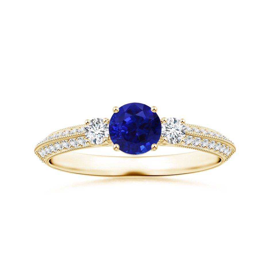 6.00x5.92x3.53mm AAAA GIA Certified Three Stone Sapphire Knife-Edged Shank Ring with Milgrain in 18K Yellow Gold 