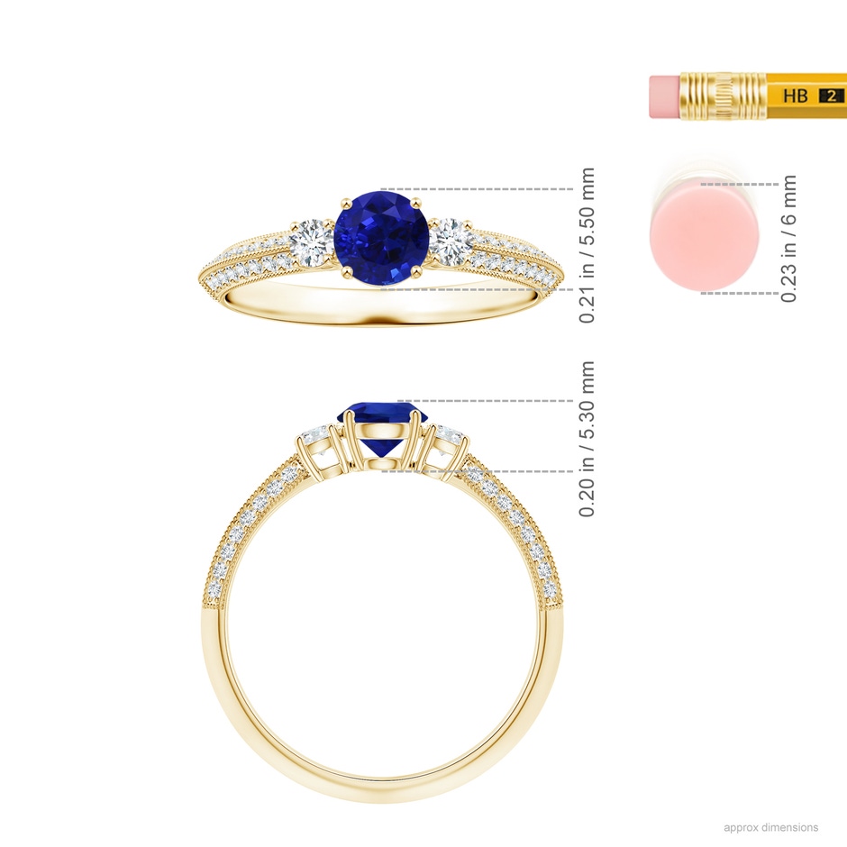 6.00x5.92x3.53mm AAAA GIA Certified Three Stone Sapphire Knife-Edged Shank Ring with Milgrain in 18K Yellow Gold ruler