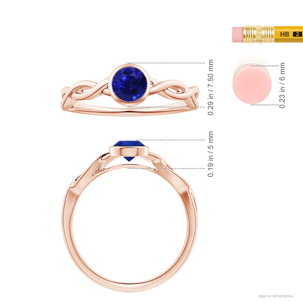 6.00x5.92x3.53mm AAAA Bezel-Set GIA Certified Solitaire Round Blue Sapphire Twisted Shank Ring in 18K Rose Gold ruler