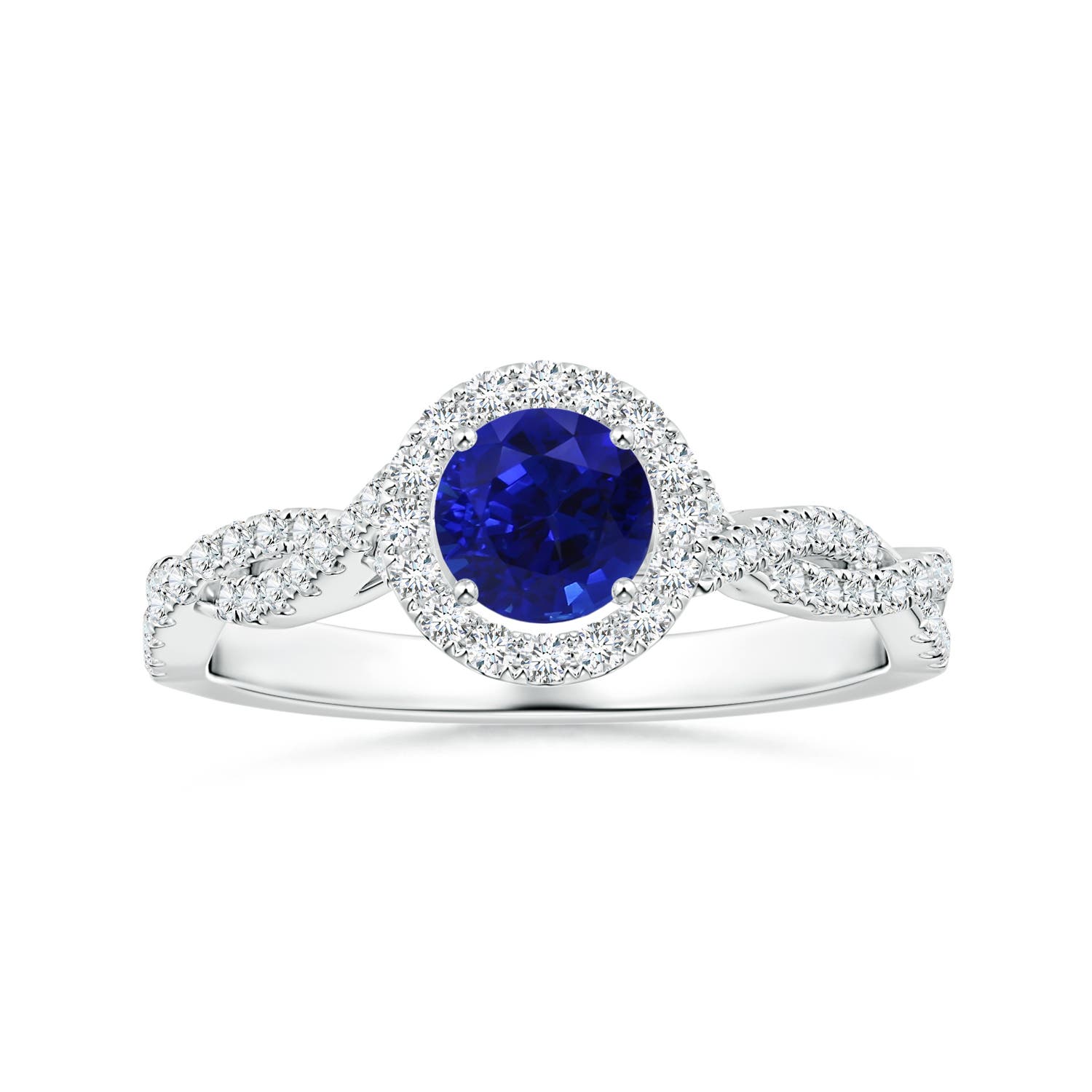 6.00x5.92x3.53mm AAAA GIA Certified Round Blue Sapphire Halo Ring with Diamond Twist Shank in 18K White Gold