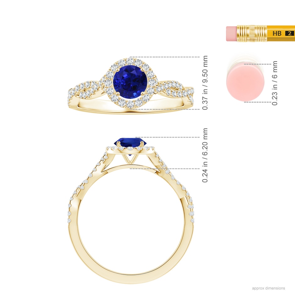 6.00x5.92x3.53mm AAAA GIA Certified Round Blue Sapphire Halo Ring with Diamond Twist Shank in 18K Yellow Gold ruler