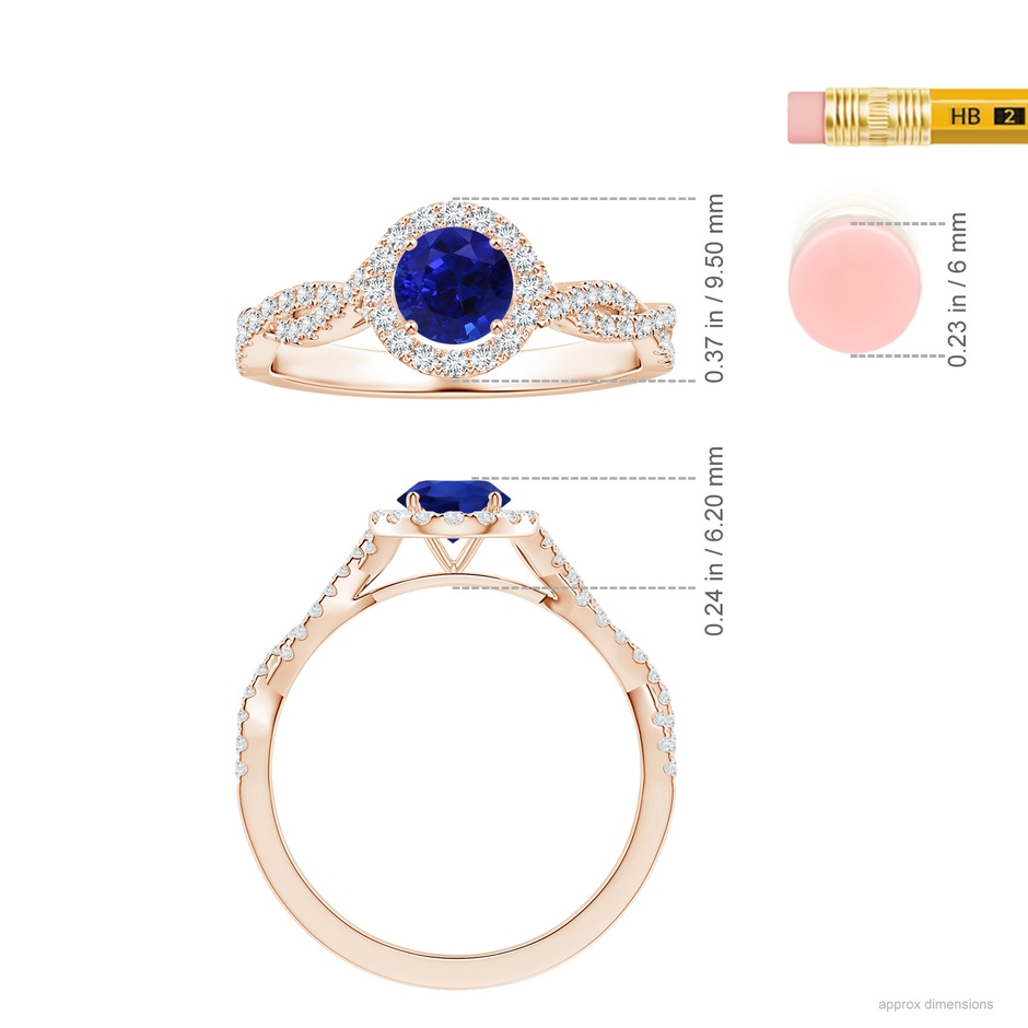 6.00x5.92x3.53mm AAAA GIA Certified Round Blue Sapphire Halo Ring with Diamond Twist Shank in Rose Gold ruler