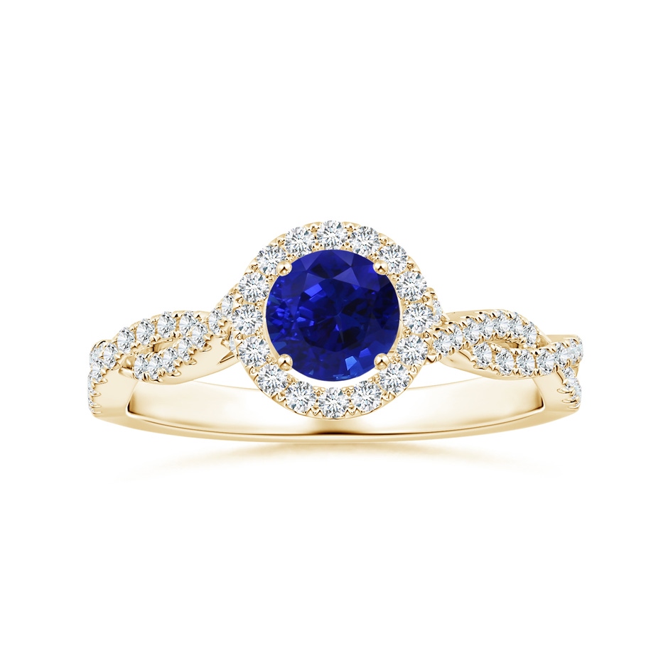 6.00x5.92x3.53mm AAAA GIA Certified Round Blue Sapphire Halo Ring with Diamond Twist Shank in Yellow Gold 