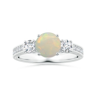 8.29x8.25x3.02mm AAA GIA Certified Round Opal Three Stone Leaf Ring with Diamonds in P950 Platinum
