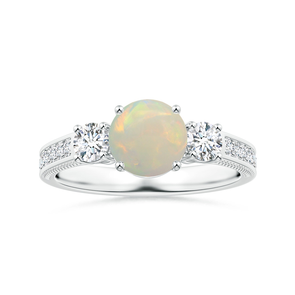 8.29x8.25x3.02mm AAA GIA Certified Round Opal Three Stone Leaf Ring with Diamonds in White Gold