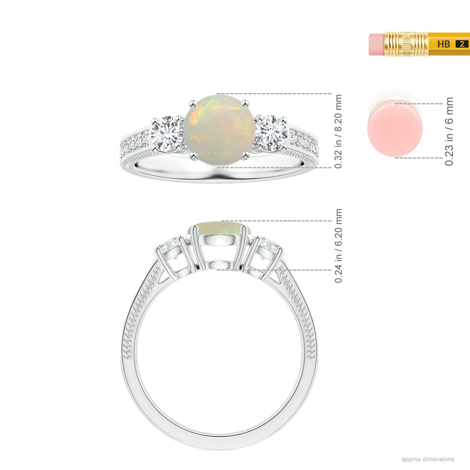 8.29x8.25x3.02mm AAA GIA Certified Round Opal Three Stone Leaf Ring with Diamonds in White Gold ruler