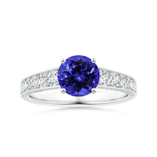 7.13x7.07x5.12mm AAA Prong-Set GIA Certified Tanzanite Scroll Ring with Diamond Tapered Shank in P950 Platinum