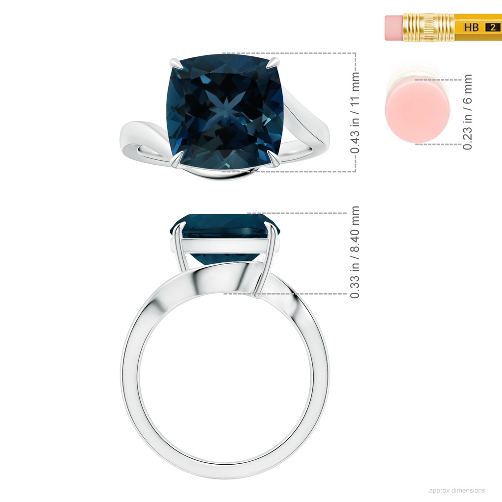 11.00x10.98x7.23mm AAAA Claw-Set GIA Certified Solitaire Cushion London Blue Topaz Bypass Ring in P950 Platinum ruler