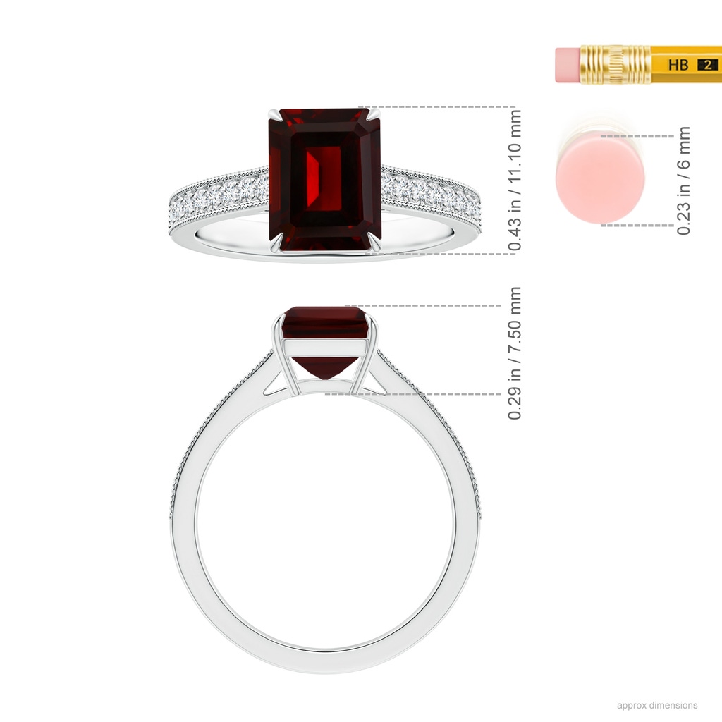 9.78x7.81x4.98mm AAA Claw-Set GIA Certified Emerald-Cut Garnet Ring with Milgrain in White Gold ruler
