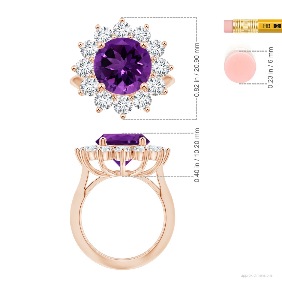 11.20x11.11x7.17mm AAA GIA Certified Princess Diana Inspired Round Amethyst Knife-Edge Ring with Halo in Rose Gold ruler