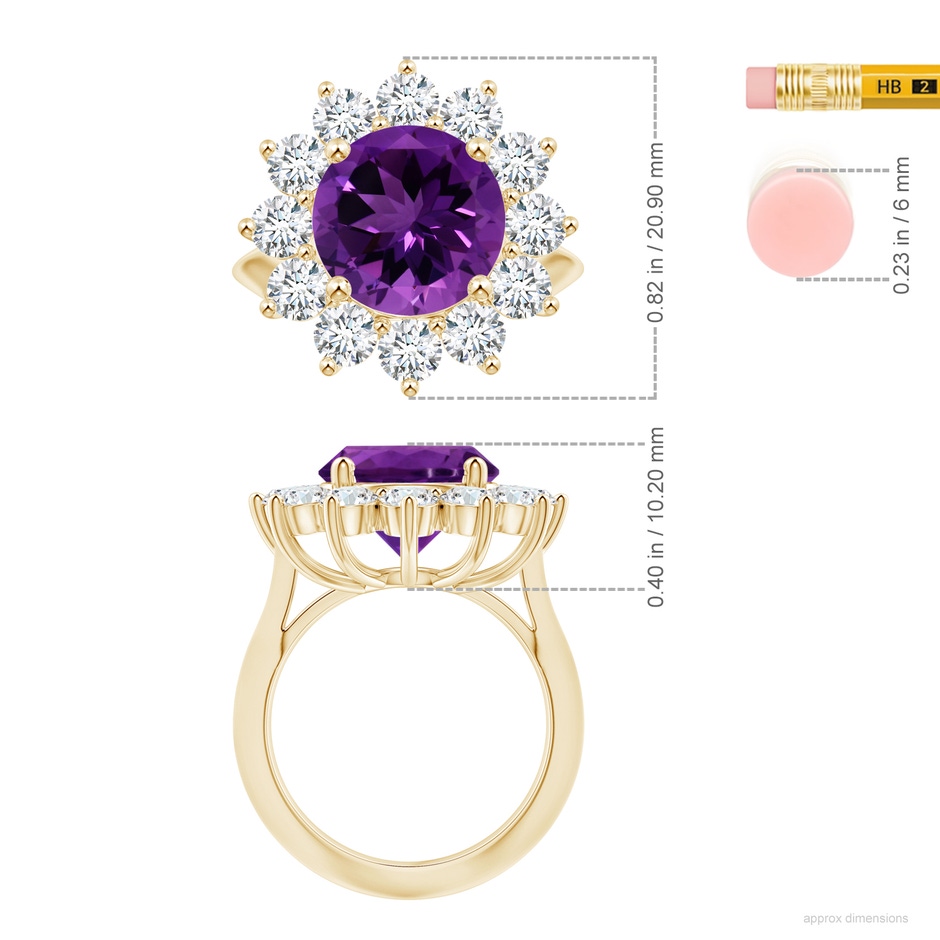 11.20x11.11x7.17mm AAA GIA Certified Princess Diana Inspired Round Amethyst Knife-Edge Ring with Halo in Yellow Gold ruler