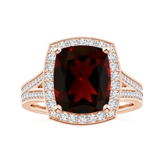 10.98x9.01x5.35mm AAA GIA Certified Cushion Garnet Halo Ring with Diamond Split Shank in 10K Rose Gold