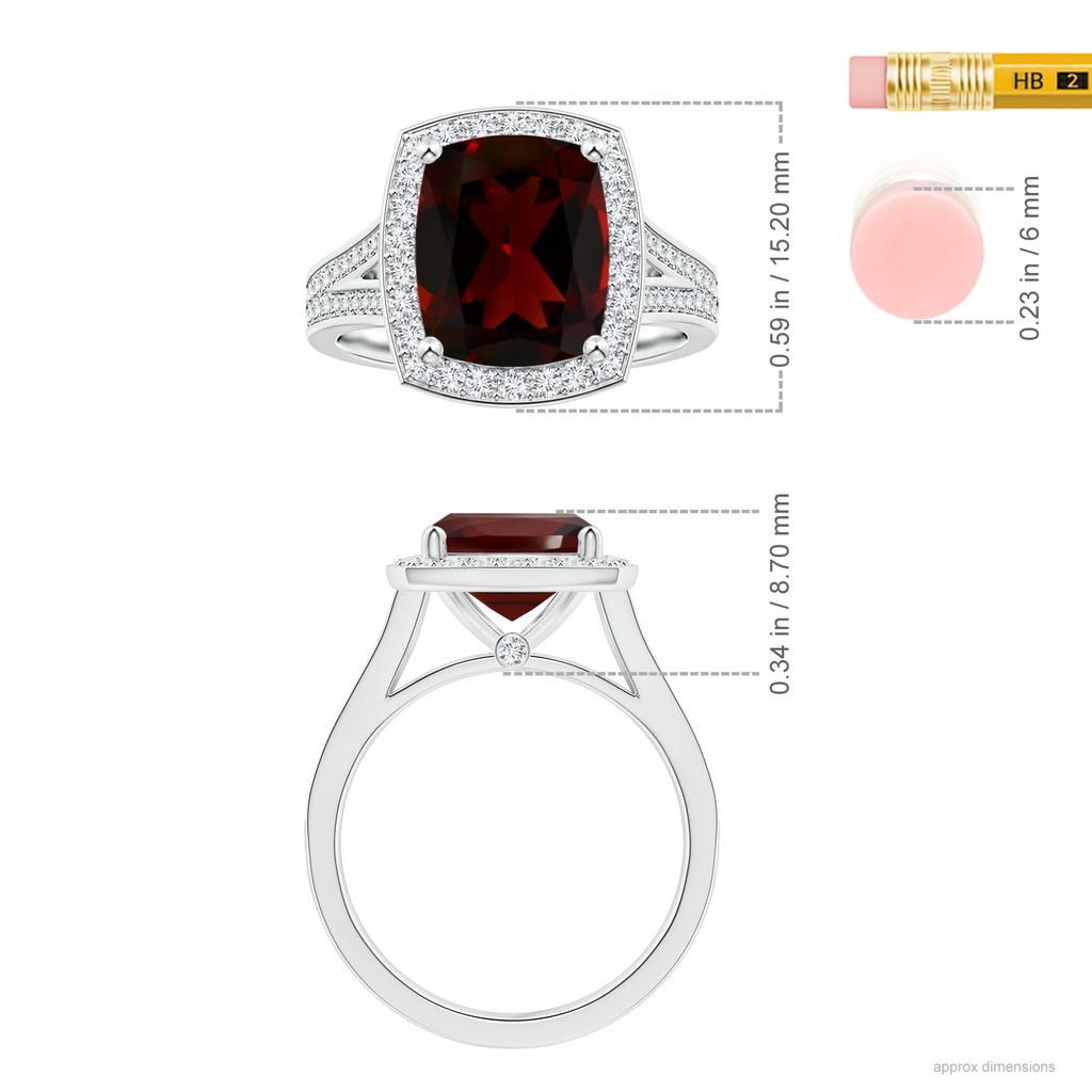 10.98x9.01x5.35mm AAA GIA Certified Cushion Garnet Halo Ring with Diamond Split Shank in White Gold ruler