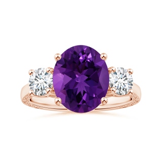 11.21x9.20x5.94mm AA GIA Certified Three Stone Oval Amethyst Ring with Reverse Tapered Diamond Shank in 10K Rose Gold