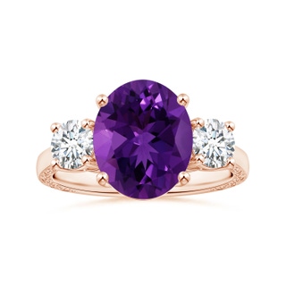 11.21x9.20x5.94mm AA GIA Certified Three Stone Oval Amethyst Ring with Reverse Tapered Diamond Shank in 18K Rose Gold