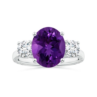 11.21x9.20x5.94mm AA GIA Certified Three Stone Oval Amethyst Ring with Reverse Tapered Diamond Shank in P950 Platinum