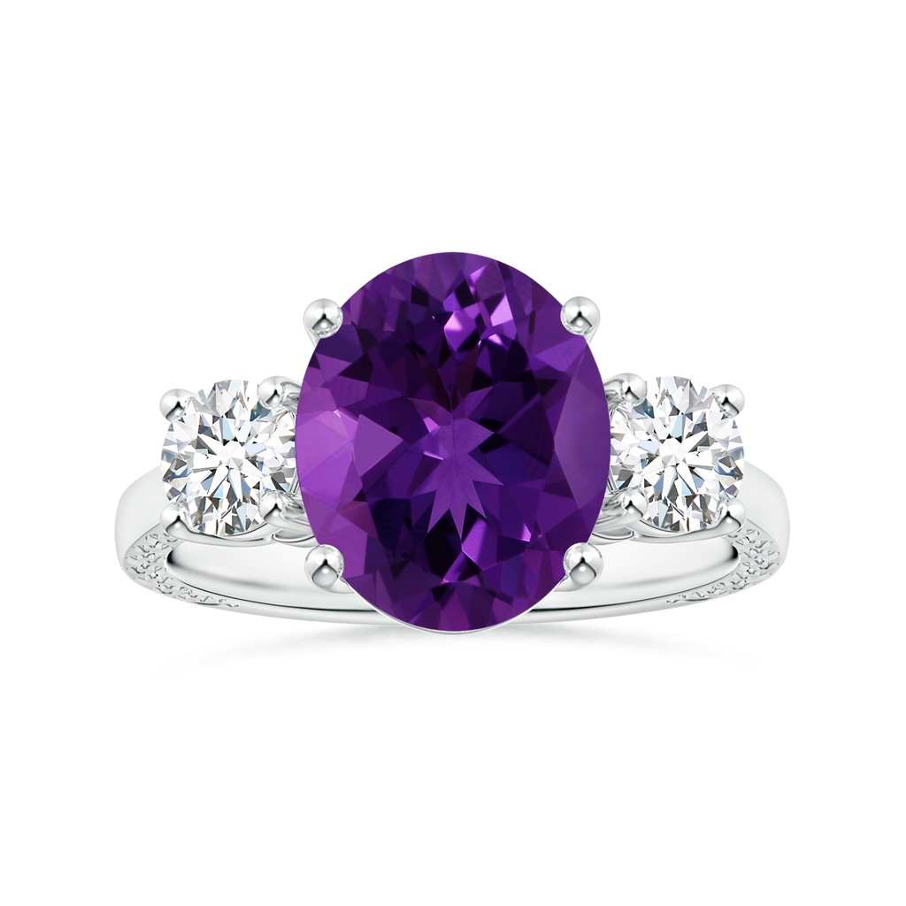 11.21x9.20x5.94mm AA GIA Certified Three Stone Oval Amethyst Ring with Reverse Tapered Diamond Shank in White Gold
