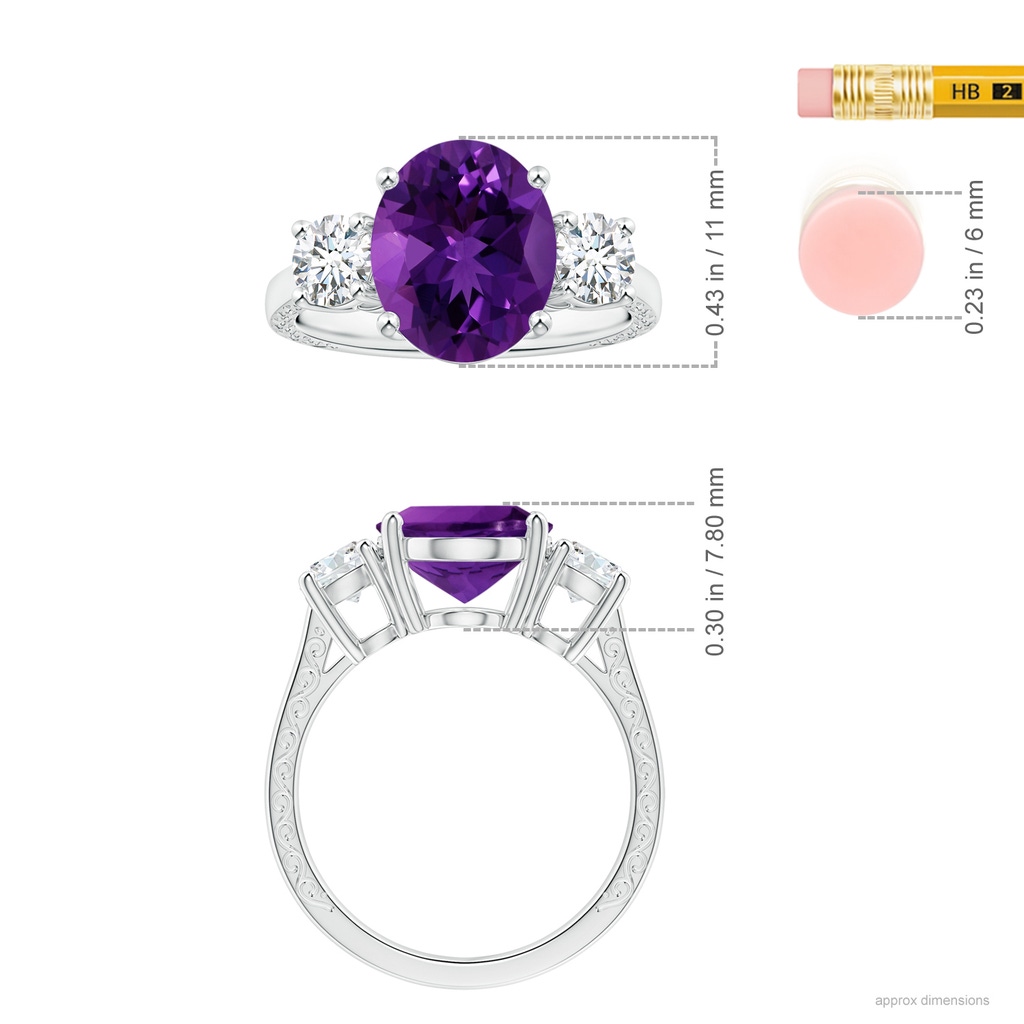 11.21x9.20x5.94mm AA GIA Certified Three Stone Oval Amethyst Ring with Reverse Tapered Diamond Shank in White Gold ruler