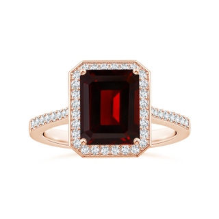9.78x7.81x4.98mm AAA GIA Certified Emerald-Cut Garnet Reverse Tapered Shank Ring with Halo in 9K Rose Gold