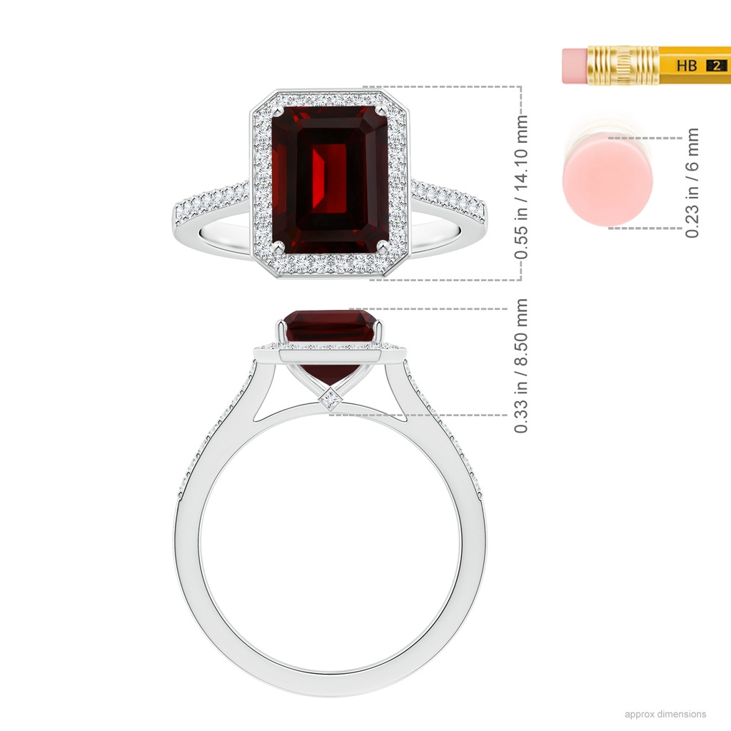 9.78x7.81x4.98mm AAA GIA Certified Emerald-Cut Garnet Reverse Tapered Shank Ring with Halo in White Gold ruler