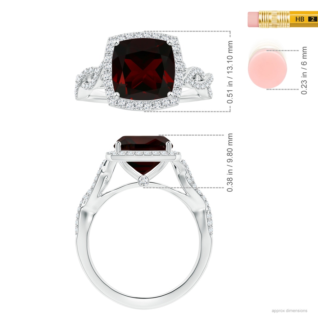 10.04x9.98x5.77mm AAAA GIA Certified Cushion Garnet Halo Ring with Twisted Diamond Shank in White Gold ruler