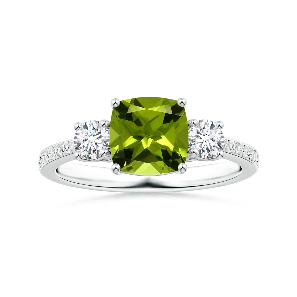 7.94x7.84x4.91mm AA GIA Certified Three Stone Cushion Peridot Reverse Tapered Ring with Scrollwork in P950 Platinum