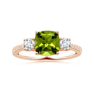 7.94x7.84x4.91mm AA GIA Certified Three Stone Cushion Peridot Reverse Tapered Ring with Scrollwork in Rose Gold