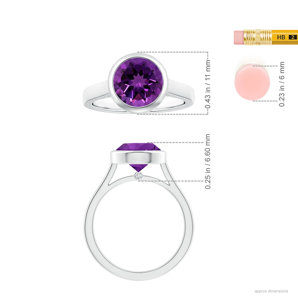 9.12x9.08x5.80mm AAAA GIA Certified Bezel-Set Round Amethyst Solitaire Ring in White Gold ruler