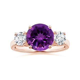 9.12x9.08x5.80mm AAAA Three Stone GIA Certified Amethyst Reverse Tapered Shank Ring with Leaf Motifs in 10K Rose Gold