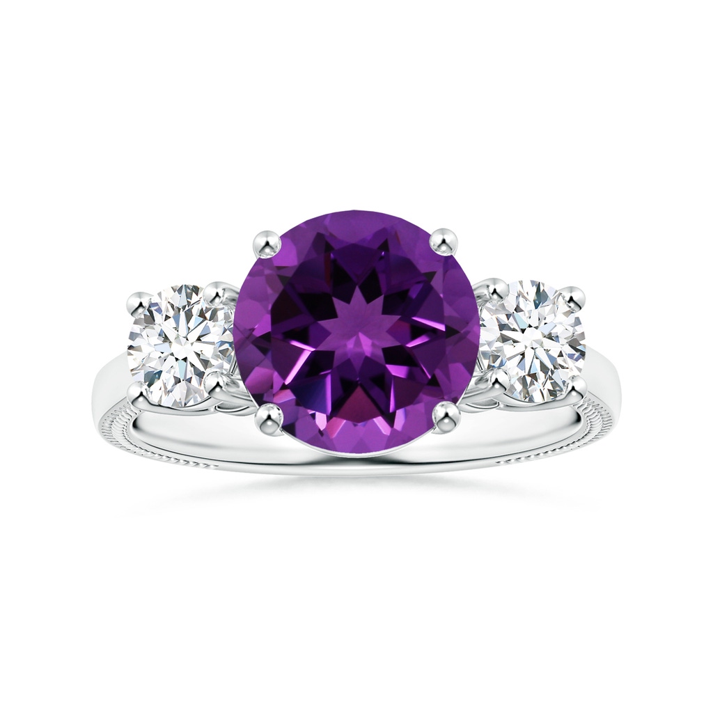 9.12x9.08x5.80mm AAAA Three Stone GIA Certified Amethyst Reverse Tapered Shank Ring with Leaf Motifs in White Gold