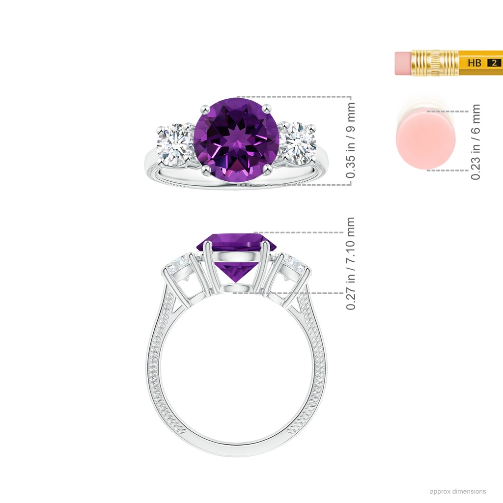 9.12x9.08x5.80mm AAAA Three Stone GIA Certified Amethyst Reverse Tapered Shank Ring with Leaf Motifs in White Gold ruler