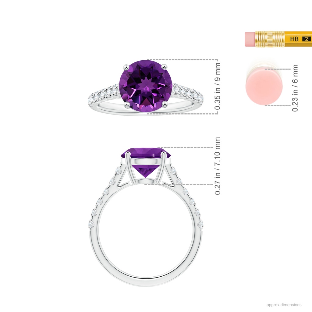 9.12x9.08x5.80mm AAAA Prong-Set GIA Certified Round Amethyst Ring with Diamonds in White Gold ruler