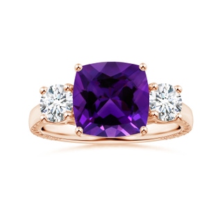 9.05x9.01x5.66mm AAAA GIA Certified Cushion Amethyst Three Stone Ring with Feather Motifs in 10K Rose Gold