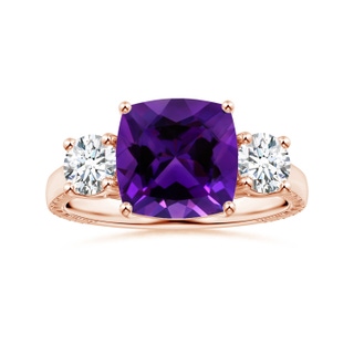 9.05x9.01x5.66mm AAAA GIA Certified Cushion Amethyst Three Stone Ring with Feather Motifs in 18K Rose Gold