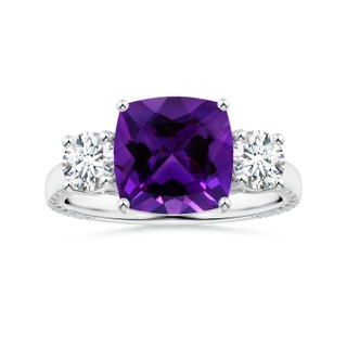 9.05x9.01x5.66mm AAAA GIA Certified Cushion Amethyst Three Stone Ring with Feather Motifs in 18K White Gold