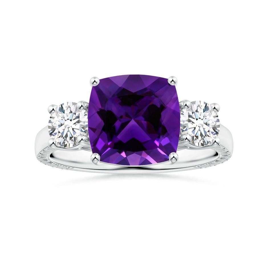 9.05x9.01x5.66mm AAAA GIA Certified Cushion Amethyst Three Stone Ring with Feather Motifs in 18K White Gold 